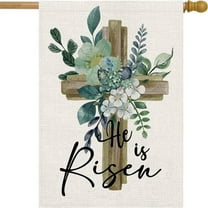 He Is Risen House Flag 28 x 40 Inch Happy Easter Cross Religious Decorative Double Sided Burlap Flag for Spring Easter Farmhouse Yard Holiday Decoration