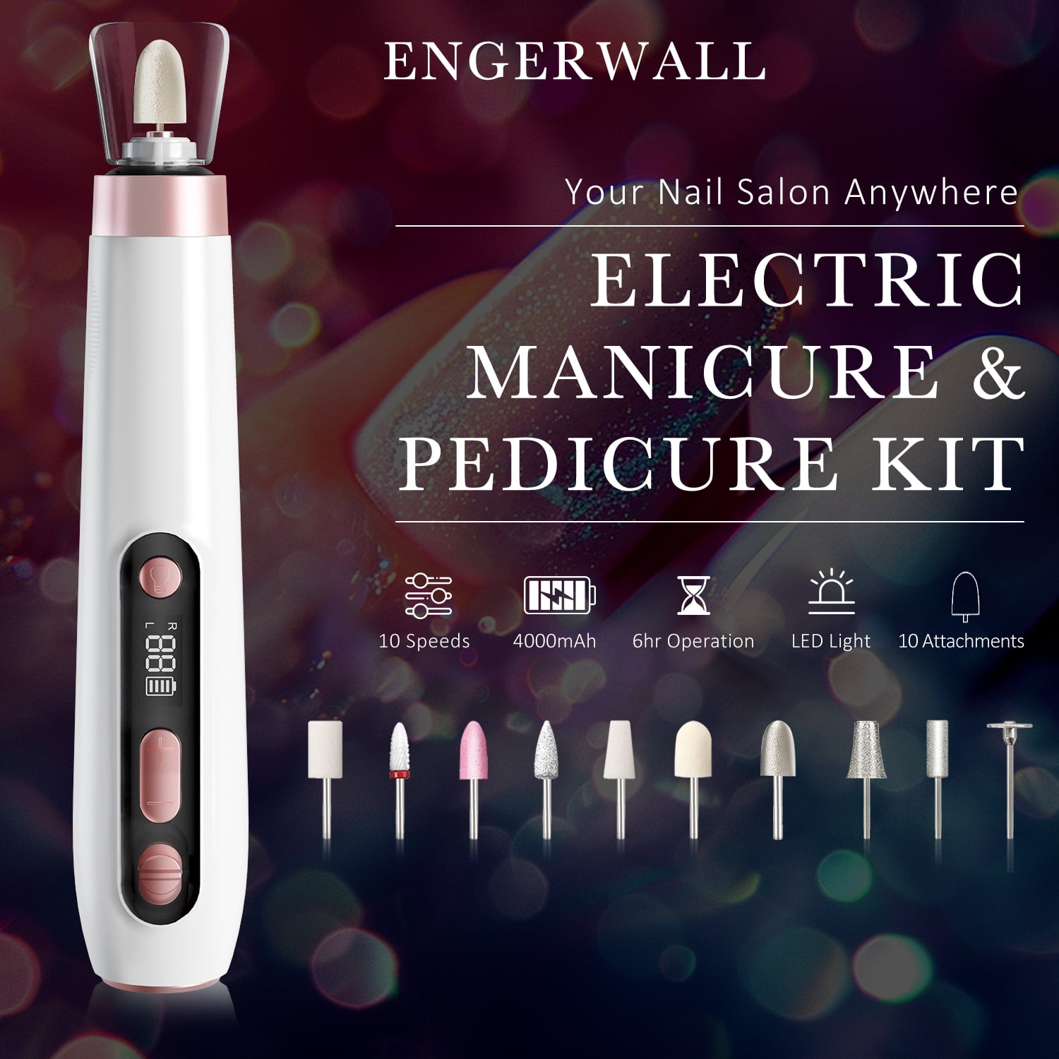ENGERWALL Professional Cordless Manicure & Pedicure Kit, 10-Speed Electric Nail File, Portable Nail Drill for Trimming, Shaping & Polishing, White