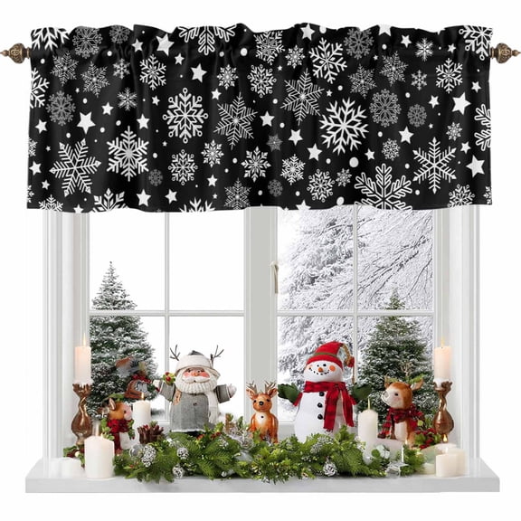 Winter Snowflakes Valances for Windows, Christmas Black Background Rod Pocket Valance Short Window Treatments Curtains for Kitchen Bathroom Bedroom Decor, 56 x 16 Inches
