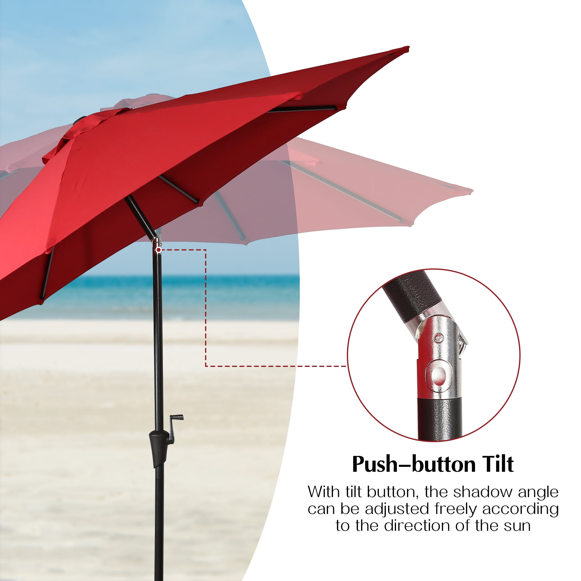 Iwicker 9Ft Sunbrella Patio Umbrella Outdoor Aluminum Market Umbrella with Crank and Push Button Tilt, Red