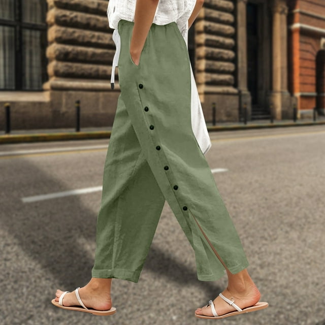 Women’s Solid Color Elastic Waist Loose Fit Side Button Functional Casual Pants Business Casual Pants for Women Print Casual Pants Women plus Womens Pant Suits Casual Womens Linen Pants Tall Patterned