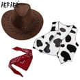 thumbnail image 2 of Traje de Cosplay de vaquero occidental para niños, sombrero con estampado de pañuelo, franela, sin mangas, frente abierto, estampado de vaca, conjunto de Tops, 2 of 4