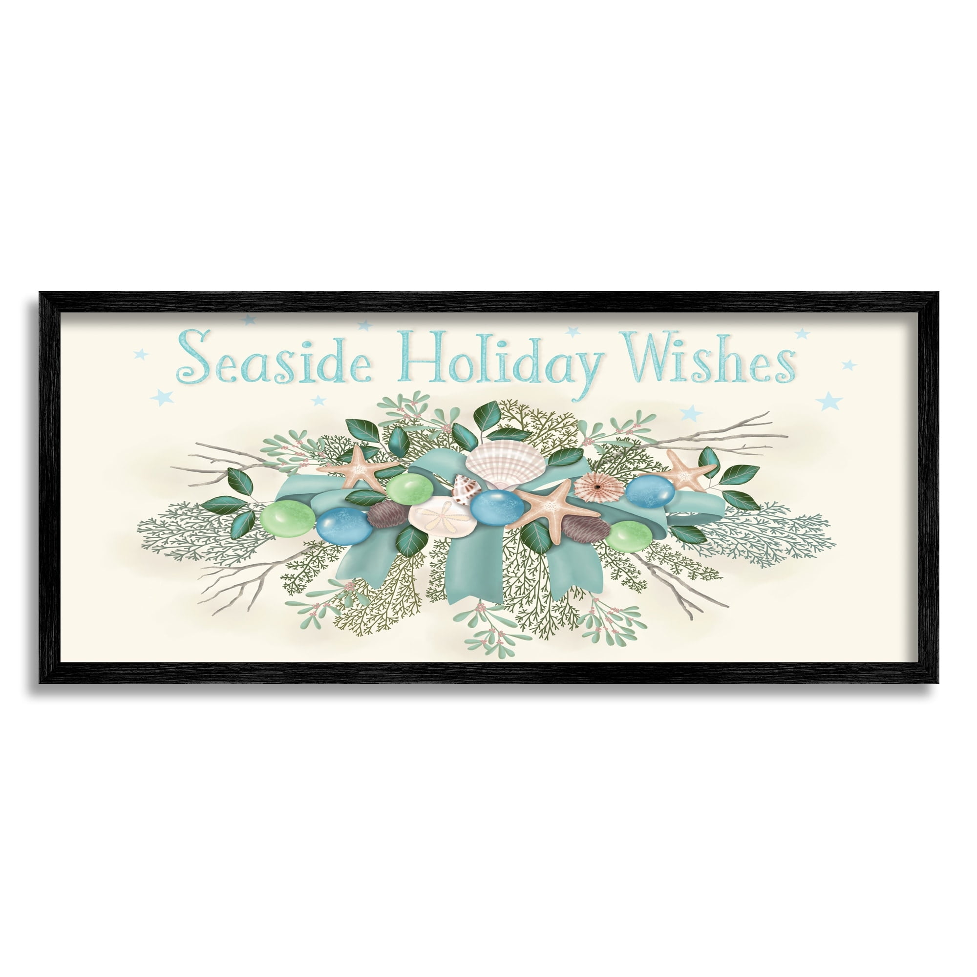 Seaside Holiday Wishes Beach Coral Seashells Arrangement Coastal Graphic Art Framed Art Print Wall Art