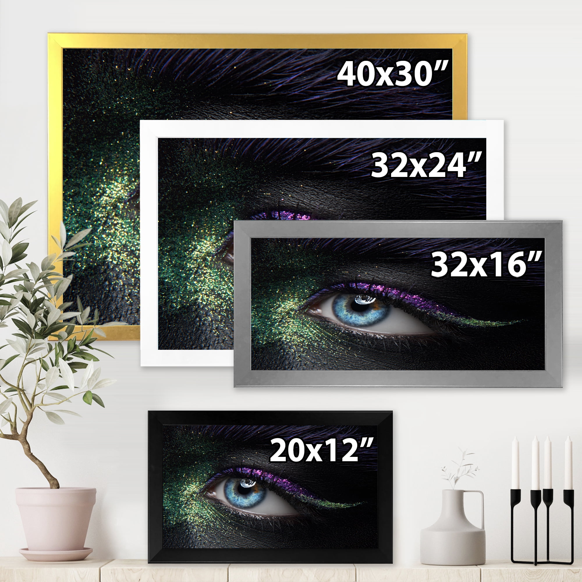 Designart 'Woman Eyes With Green & Purple Pigment & Sparkles' Modern Framed Art Print