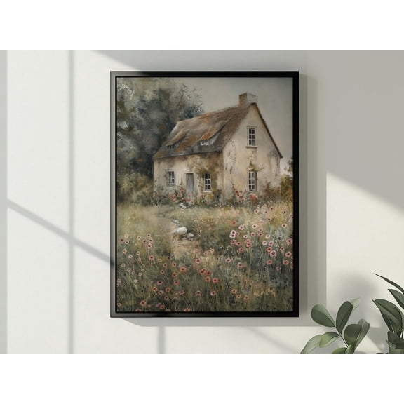 Rustic Cottage Wildflower House Landscape Wall Art, Unframed Paper Print Size 8x12