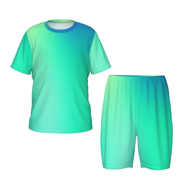 Fotbe blue green colors Pijama Estampada de 2 Piezas para Niños – Ropa de Dormir de Manga Corta Cómoda para Niños y Niñas, Camiseta y Shorts de Algodón-Medium