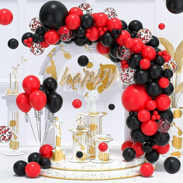Ornament & Decor Kit de Arco de Guirnalda de Globos Rojos y Negros - 122 Piezas Globos de Fiesta de látex de confeti Rojo y Negro Compatibles con el día de la Madre Barbacoa Casino