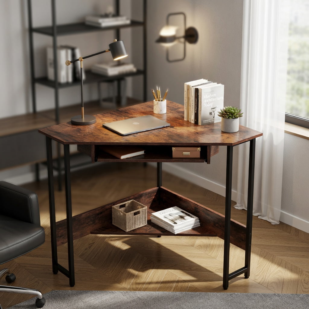 Yardi Yard Triangle Corner Desk with Charging Station Keyboard Tray and Storage Shelf-Rustic Brown, Computer Desk, Gaming Computer Desks for Study,Working,Writing