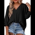 thumbnail image 2 of Blusas Elegantes e Informales para Mujer, con Escote en V y Mangas 3/4, con Puños Fruncidos Negro XL, 2 of 7