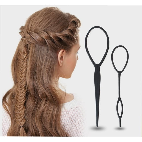 2Pcs(Large Small) Hair Braiding Tool Ponytail Styling Maker French Braid Loop Tool for Women (Black)