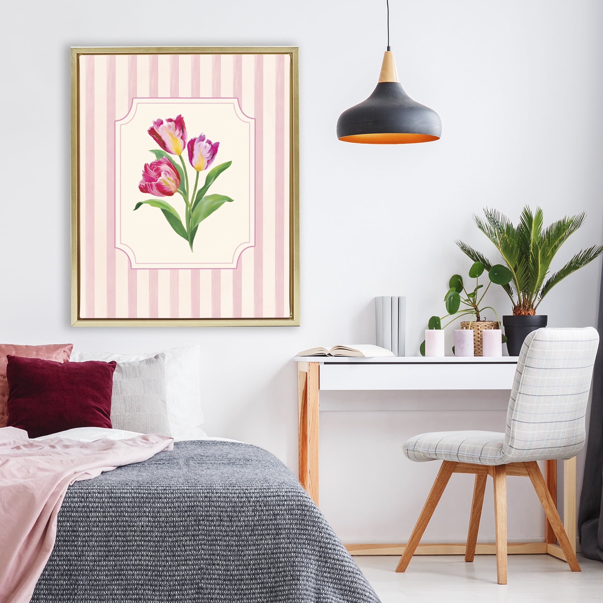 Stupell Industries Magenta Tulips over Stripes Gold Framed Floater Canvas Wall Art, design by Diane Neukirch
