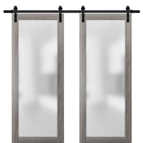 Sturdy Double Barn Door with Frosted Glass | Planum 2102 Ginger Ash | 13FT Rail Hangers Heavy Set | Modern Solid Panel Interior Doors-36" x 96" (2* 18x96)-Black Rail