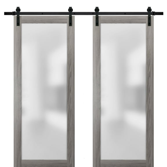 Sturdy Double Barn Door with Frosted Glass | Planum 2102 Ginger Ash | 13FT Rail Hangers Heavy Set | Modern Solid Panel Interior Doors-36" x 96" (2* 18x96)-Black Rail