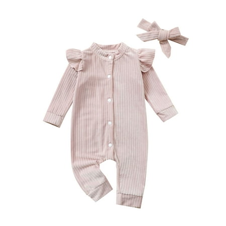 

Musuos Baby Girls Clothes Set Solid Color Button-down Romper and Headdress