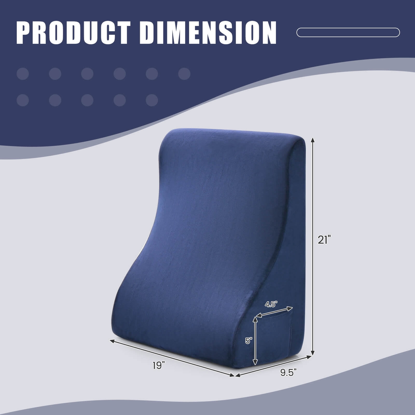 Costway Bed Wedge Pillow with Smooth Zipper Side Pockets Support for Back Navy