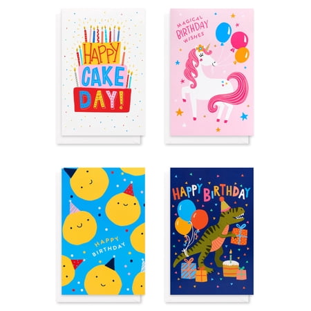 American Greetings Birthday Card Boxed Assortment for Kids, 4 Designs, Unicorn, Dinosaur, Cake, Smiles (12-Count)