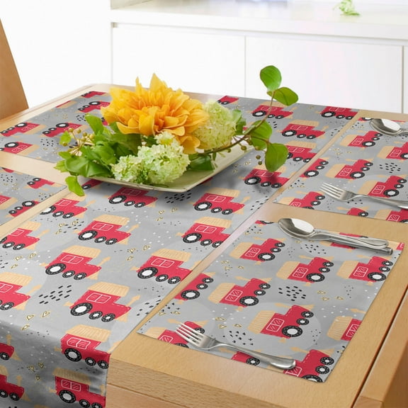 Ambesonne Transportation Table Runner & Placemats, Cartoon Train Motifs, Placemat 4 pcs   Runner 12"x72", Dark Coral Peach