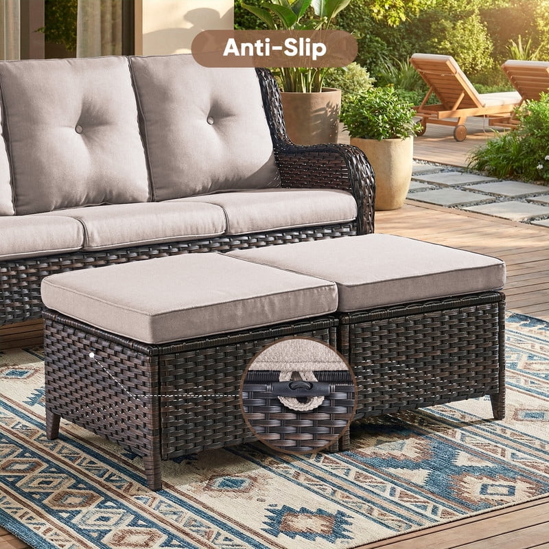 PARKWELL Outdoor Patio Wicker Furniture Set - 5 Piece Sectional Sofa Set with 3-Seat Sofa,2 Chairs and 2 Ottomans,Brown Wicker and Beige Cushion