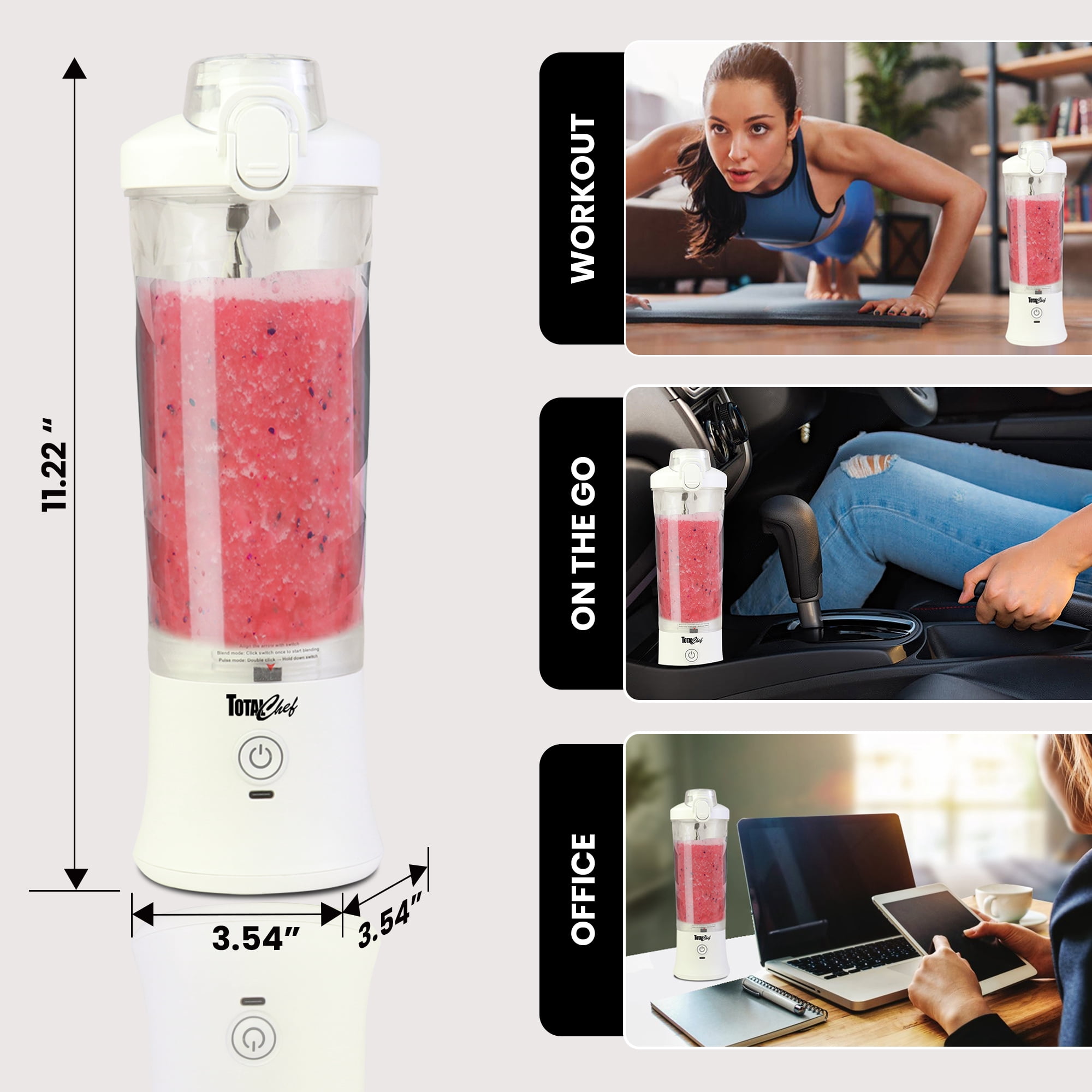 Total Chef Portable Blender 20 oz (600 mL), USB Rechargeable, White