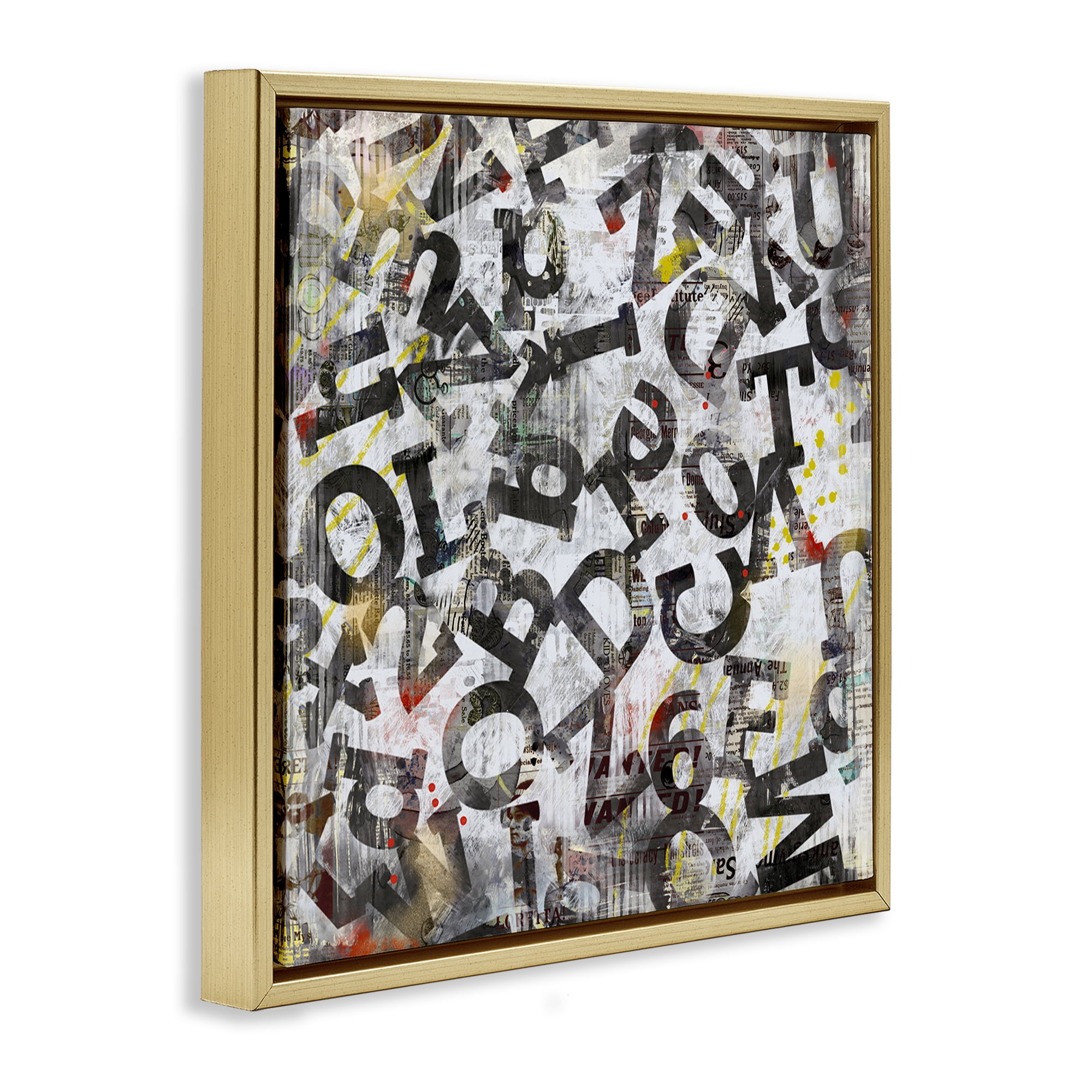 Stupell Industries Collaged Typography Letters Abstract Painting Gold Floater Framed Canvas Art Print Wall Art, 25 x 25