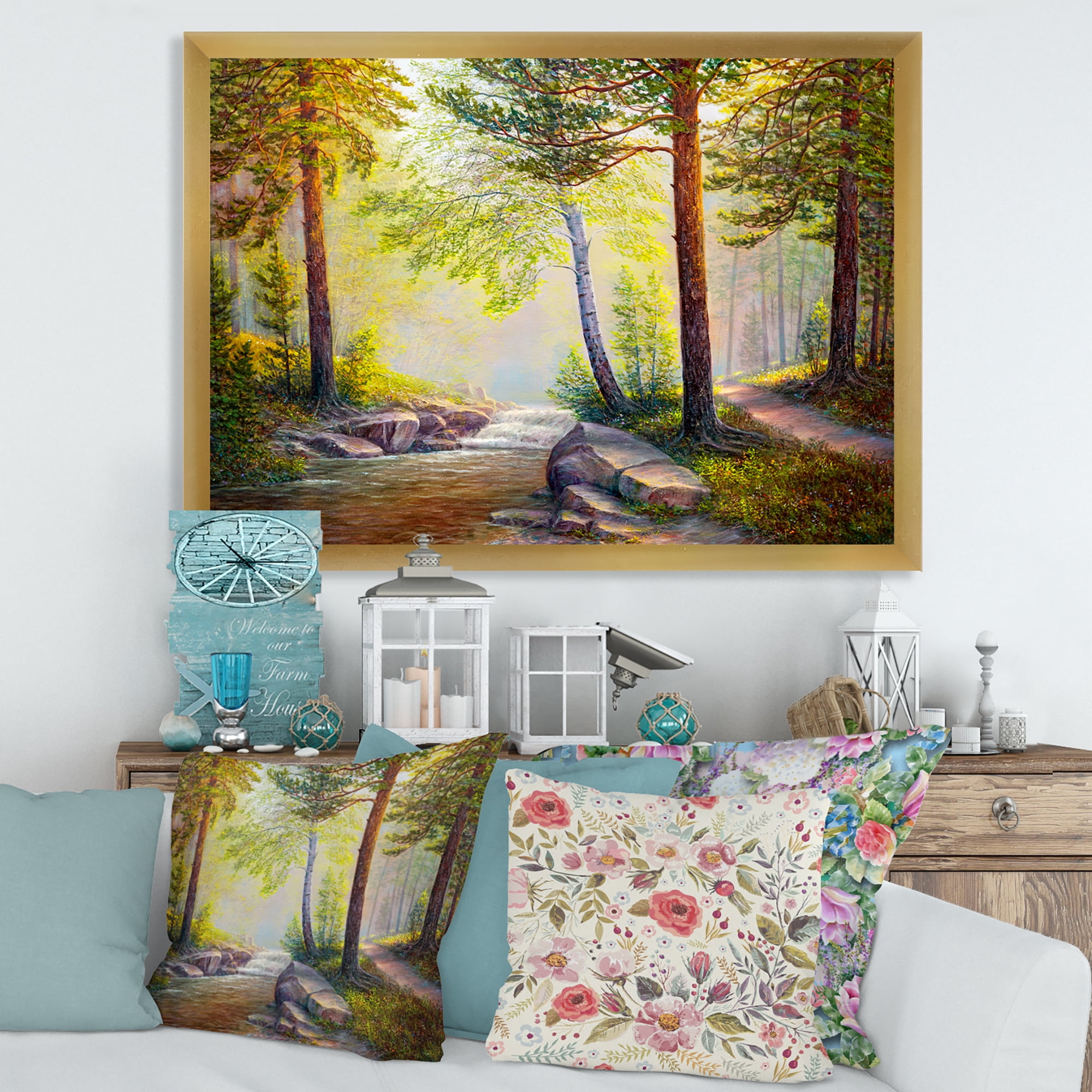 Designart 'Afternoon Light Through The Forest Trees' Traditional Framed Art Print