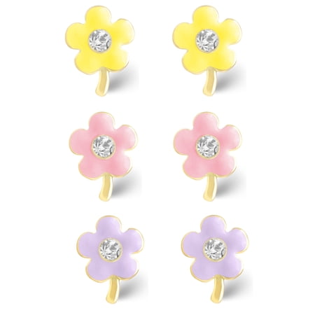 3 Pairs Sterling Silver Yellow, Light Purple, and Light Pink Pastel Enamel Crystal Stem Flower Stud Earrings - Age 4+