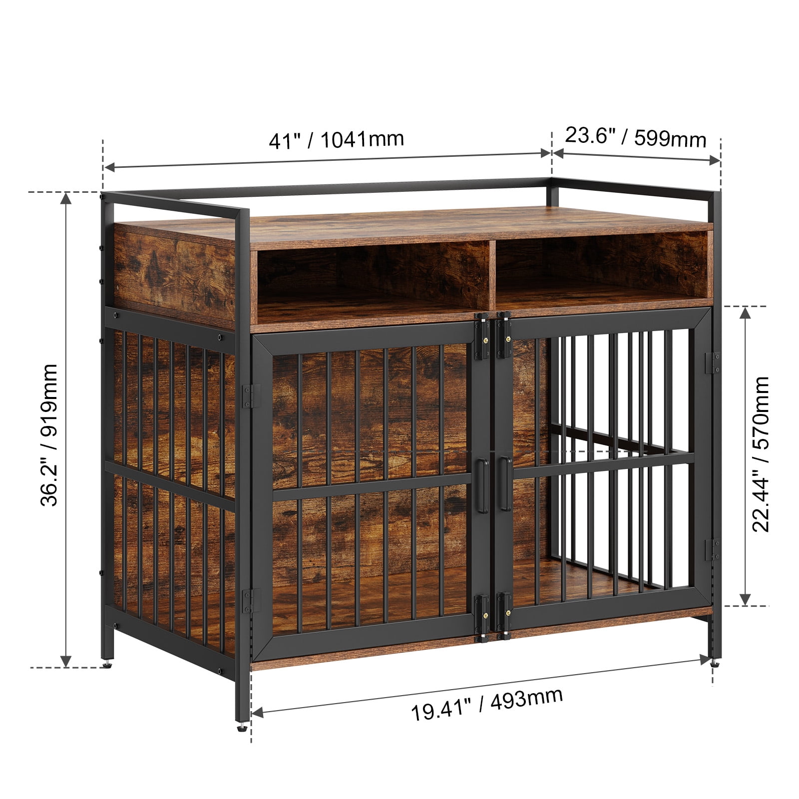 KFFKFF Dog Crate Furniture 41" Wooden Dog Crate with Double Doors & Storage Cubes