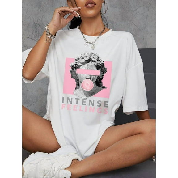 Sculpture & Letter Graphic Drop Shoulder Tee Graphic Tees Women Tops