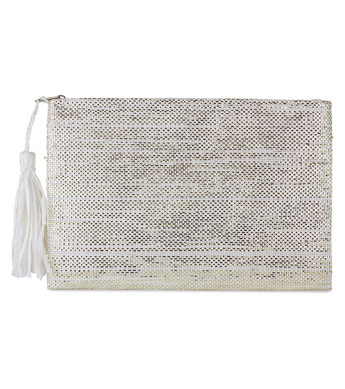 Women's Silver Metallic Straw Beach Clutch with Tassel