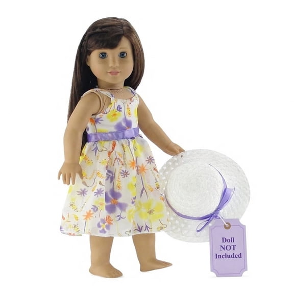 Emily Rose Doll Dress and Hat Floral Chiffon with Purple Trim for 18 Inch American Girl Dolls 2 Piece