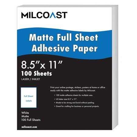 Milcoast Full Sheet 8.5” x 11” Matte Adhesive Sticker Paper Labels for Laser/InkJet Printers (100 Full