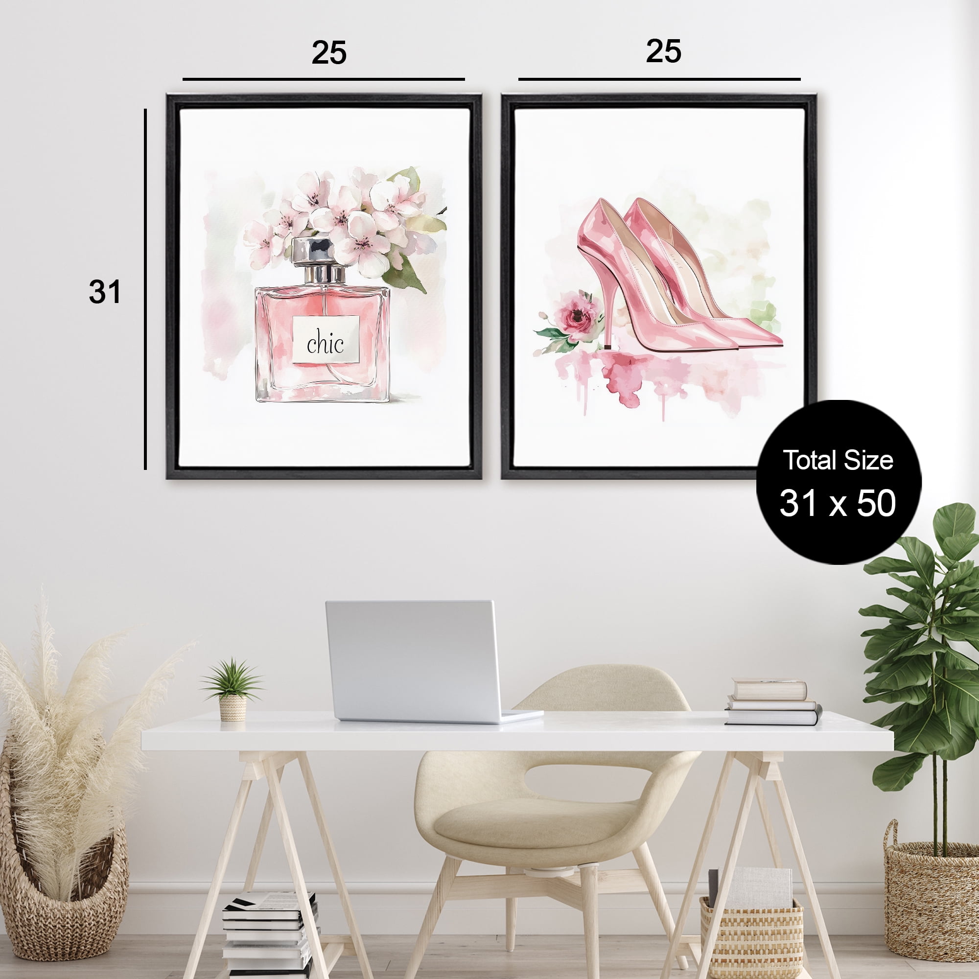 Rosy Pastel Perfume & Heels 2 Piece Black Framed Floater Canvas Set, design by Christine Simpson Art