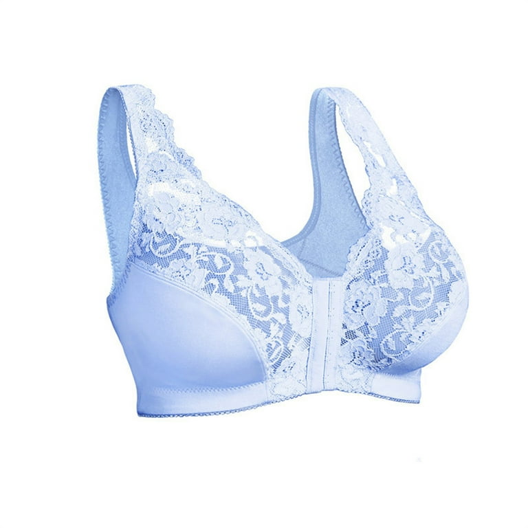Sksloeg Bras for Women No Underwire Push Up Front Closure Lace Mesh V-Neck  Bra Full Coverage Back Support Wireless Plus Size Bras for Women,Sky Blue