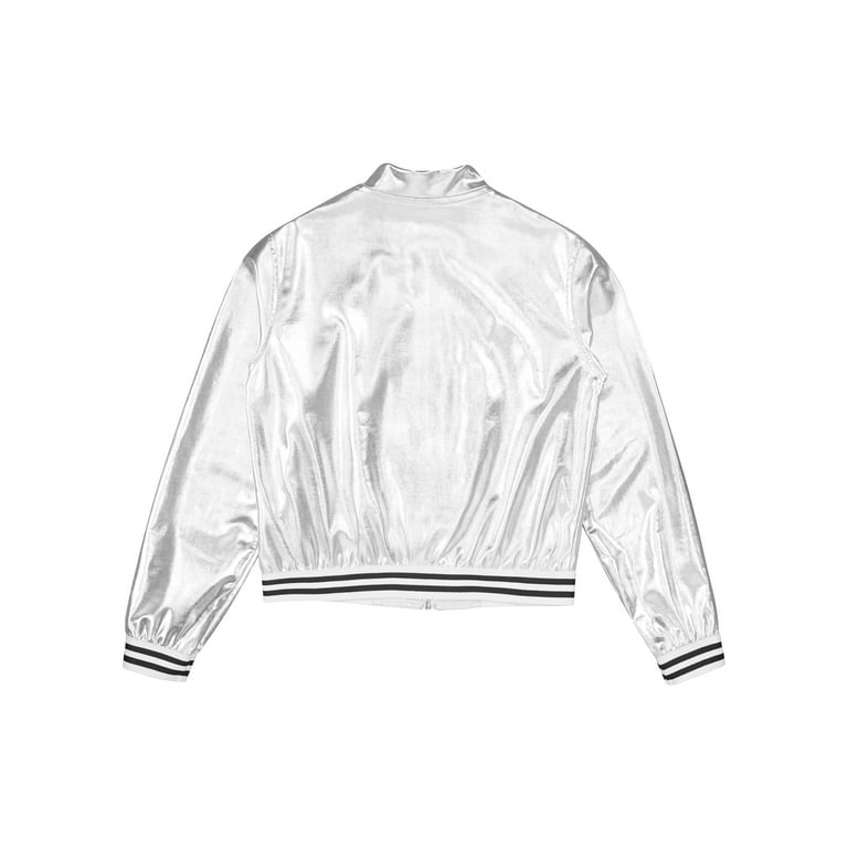Dpois Girls Boys Shiny Metallic Bomber Jacket, Long Sleeve