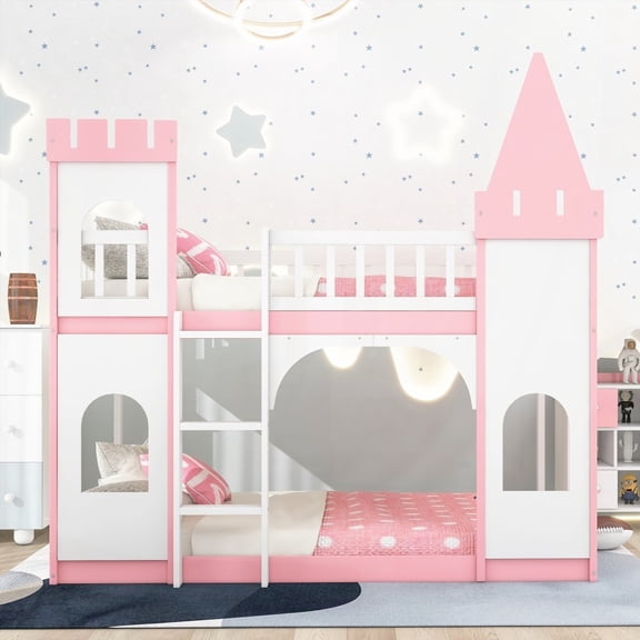 Twin Over Twin Castle Bunk Bed - Pink, Sturdy Pine Wood & Open Design