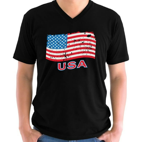 4th of July V-neck Shirt for Men Distress Flag USA Gift for Mens S M L XL 2XL Graphic Tee