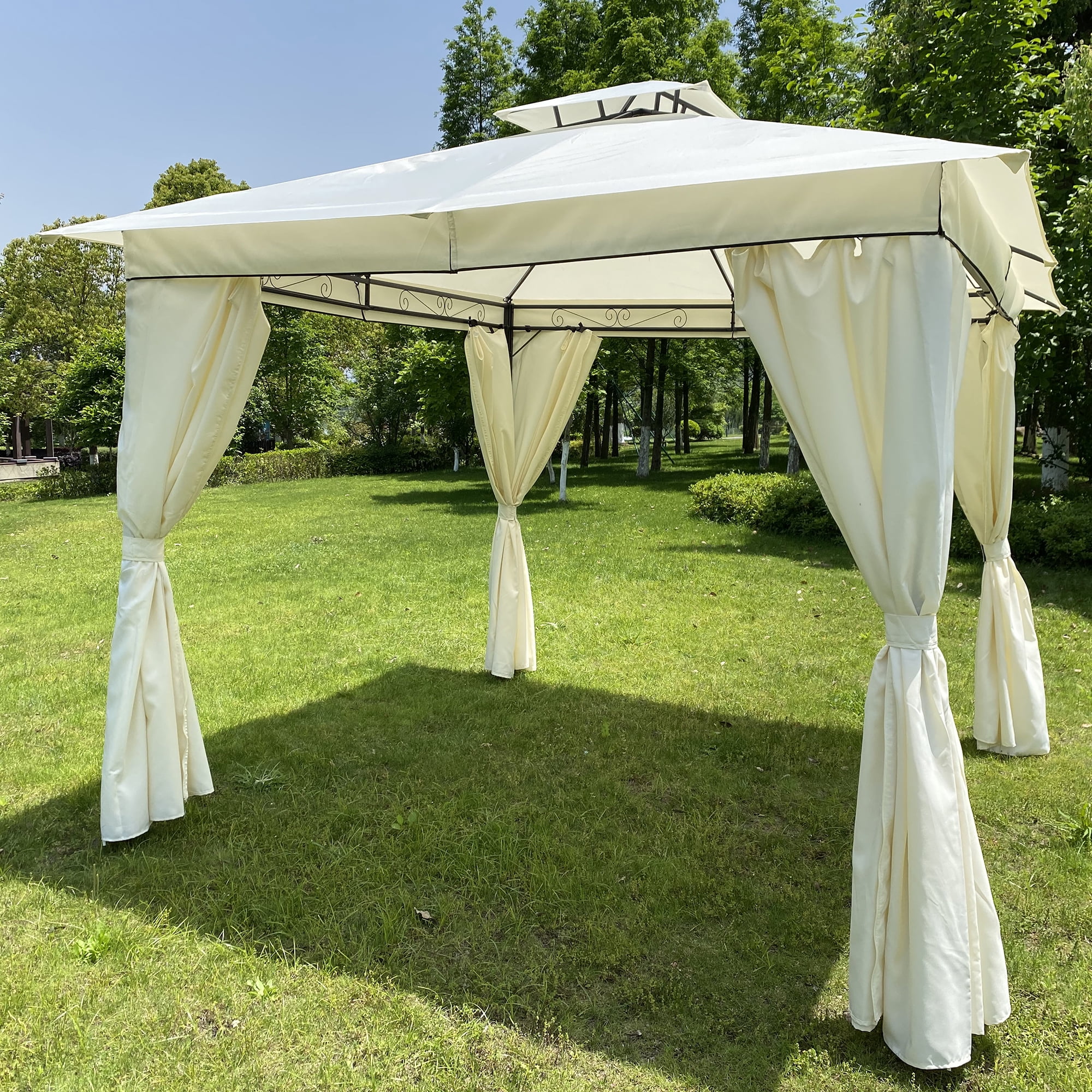 Outsunny 10x10ft Garden Gazebo Double Top Outdoor Canopy Patio Event Party Tent Backyard Sun Shade with Mesh Curtain Beige