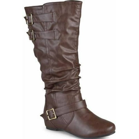 Women's Extra Wide Calf Buckle Slouch Low-wedge Boots