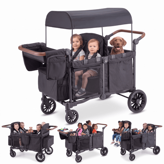 SACVON 4-in-1 Baby Stroller Wagon, 4-Seat Convertible Wagon for Kids with Removable Canopy, Cooler Bag, Adjustable Handle, for Outdoor Camping & Travel, Black