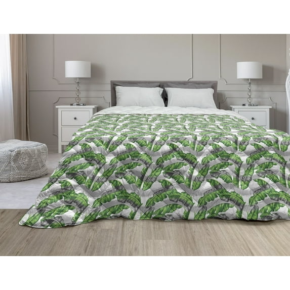 Tree Down Alternative Comforter, Macro Palm Leaves on Minimalist Striped Geometric Botany Print, Microfiber Quilt for All Season, 5 Sizes, Hunter Green Black White, by Ambesonne