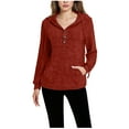 thumbnail image 2 of Otntypg Fashion Women Hoodie Sweater Tops Lightweight Casual Fall Spring Long Sleeve Ribbed Knit Drawstring Button V Neck Hooded Pullover Sweatshirts with Pockets Red S, 2 of 7