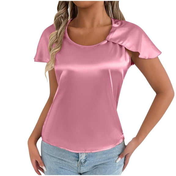 Kaemgyyd Satin Tops for Women Elegant Short Sleeve Silk Shirts Comfortable Solid Color Crewneck Work Tunic Blouses