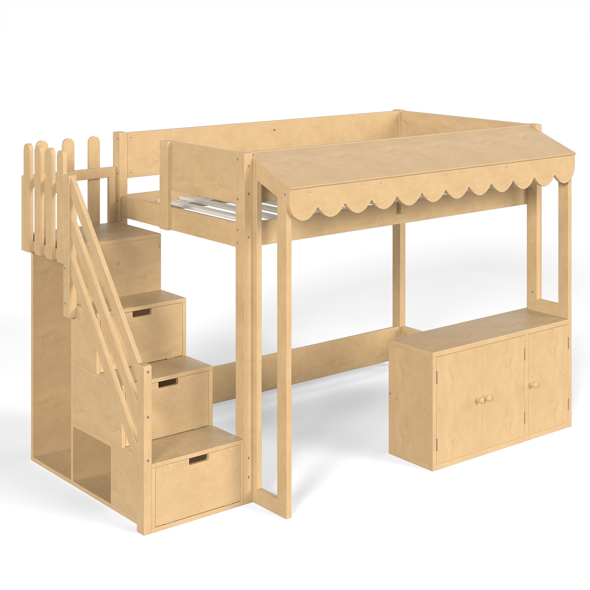 Leumius Twin over Twin Size Playhouse Loft Bed with Storage Stairs, Solid Wood Loft Bed with Pretend Convenience Store Counter, Convertible Underbed Space for Sleep or Play Natural