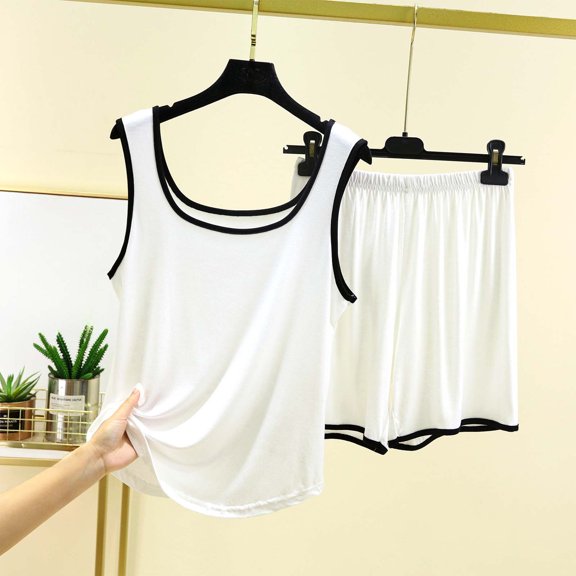 Ussuma Lounge Sets for Women Round Neck Tank Top Shorts Solid Color Soft Modal Lightweight Summer Loungewear Sleepwear for Summer Camp Adventure L White