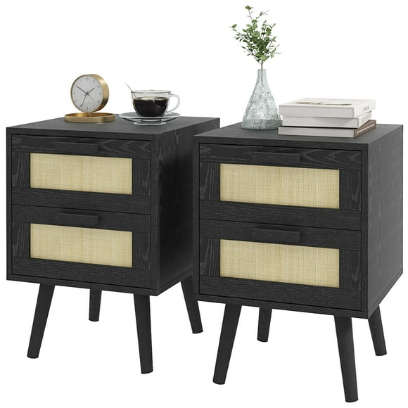 CoSoTower Boho Nightstands Set of 2, Bedside Tables with 2 Drawers for Living Room, Bedroom, Black