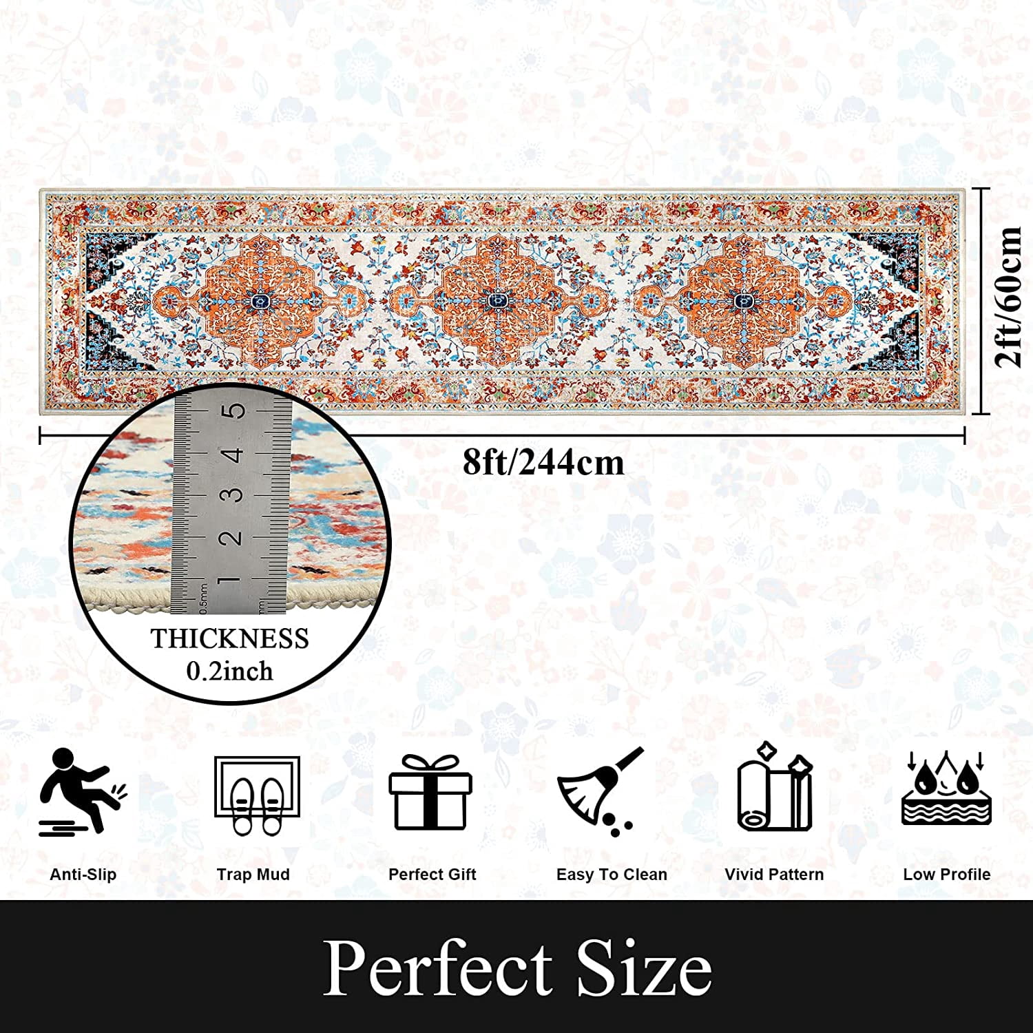 Findosom 2'x8' Vintage Boho Runner Rug Washable Non-slip Area Rug,Hallway Indoor Farmhouse Bedroom Kitchen Living Room Non Shedding Runner, Contemporary Low Plie Floor Carpet Doormat,Orange