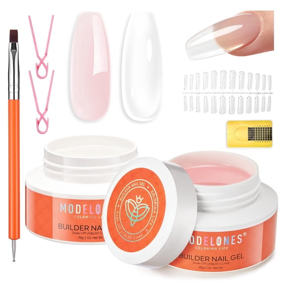 modelones Gel Builder for Nails 2 Colors, 10-in-One Builder Hard Gel Nail Kit Clear Nude with Dual End Brush, Acrylic Clamps, 100PCS Paper Forms for Sculpting Extension Overlays Salon LED Cured