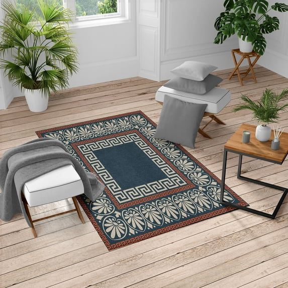 Greek Key Turkish Area Rug, Ancient Grecian Meandros Pattern Intricate Lines Floral Cultural Artwork, Soft Carpet for Living Room Decor with Distressed Look, 4' X 5.7', Dark Night, by Ambesonne