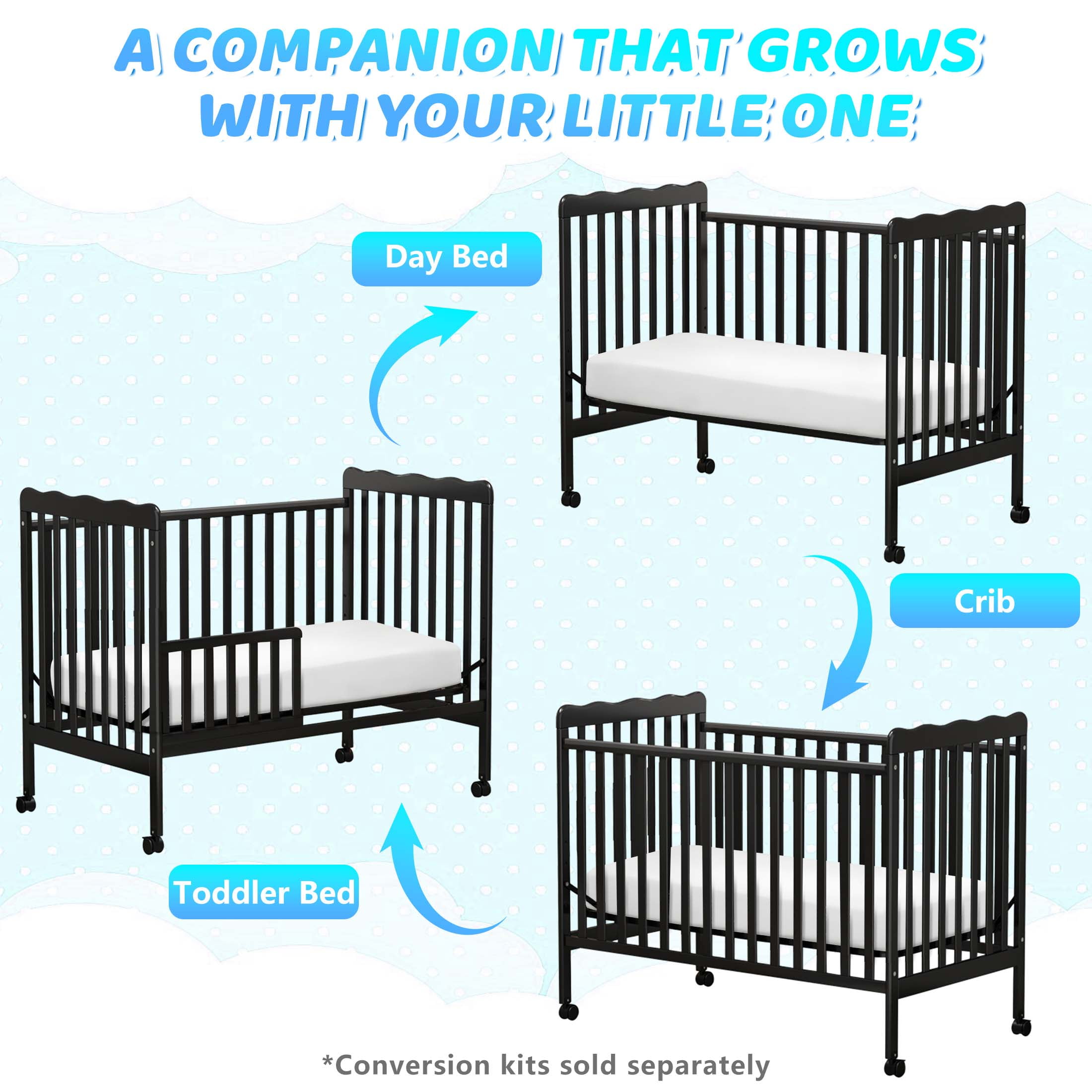 Sesslife 3-In-1 Convertible Crib, Black Baby Bed with Locking Wheels, Converts from Baby Crib to Toddler Bed, Fits Standard Full-Size Crib Mattress(Not Included)