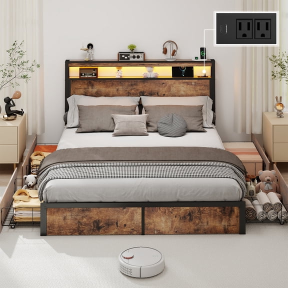 Anyhave Queen Size Bed Frame with Charging Station, LED Lights and Storage Drawers, Platform Bed with Headboard and USB Ports, Metal Support,Vintage Brown